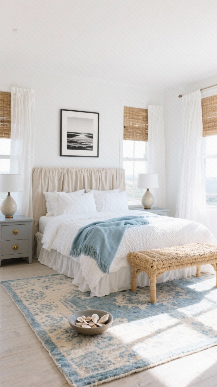 Wide room shot: A sunlit coastal bedroom with crisp white walls and soft sandy neutrals, featuring a skirted slipcovered headboard in oatmeal linen, matelassé bedding, and a folded duck-egg blue throw at the foot of the bed. Powdery gray nightstands with round brass knobs hold ceramic gourd lamps in chalky white. White linen drapes layered over woven wood shades filter natural light. A hand-knotted low-contrast Persian rug in faded blues and sand grounds the room. Include a seagrass bench at the foot of the bed, framed black-and-white coastal photography with generous mats, and a shallow bowl of seashells; shot straight-on, bright morning light, airy and breezy, no people.