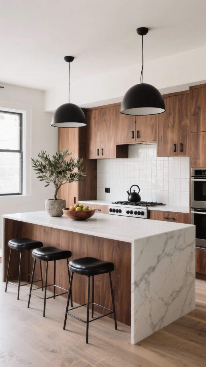 Wide room shot: A warm modern kitchen with flat-front walnut cabinets, matte black hardware, and a waterfall white quartz island centered in the scene; vertically stacked white ceramic tile backsplash catching gentle morning light; two black dome pendants over the island; low-back black leather stools with thin metal legs; styling includes a single olive tree in a stone pot, a wooden fruit bowl on the island, and a black kettle on the cooktop; palette of walnut, crisp white, matte black, hint of charcoal; calm, tailored mood; photorealistic, straight-on perspective.