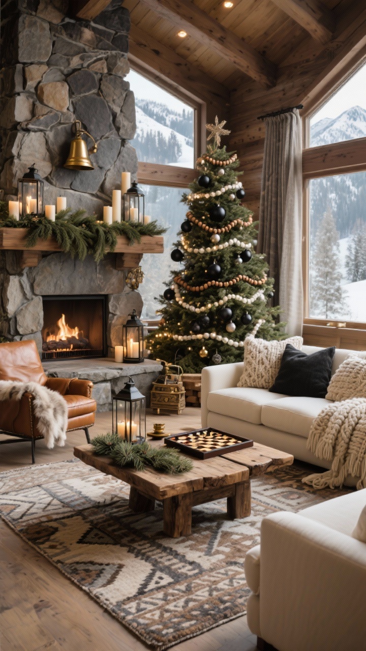 Wide room shot, Alpine Lodge Luxe living room: modern mountain retreat with a stone or faux-stone fireplace centered, mantel layered with lush cedar garlands, pillar candles in hurricane glass, and iron lanterns; Christmas tree kept simple with wood bead garlands, matte black ornaments, antique brass bells, and warm white micro-lights; sofa in creamy ivory with chunky knit throws and woven bouclé pillows; rough-hewn wood coffee table styled with a vintage Backgammon set and fresh cedar clippings; low-pile tribal/Moroccan rug in muted earth tones; windows with sheers plus wool drapes; a cognac leather accent chair draped with a faux fur throw; palette of mocha, cognac leather, charcoal, creamy ivory, and aged brass; cozy, warm lighting, photorealistic, corner angle.