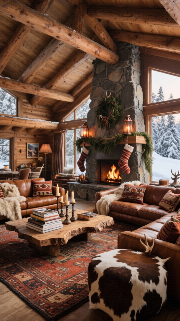 Wide room shot, Aspen Lodge Great Room: soaring timber beams and large windows with snow outside, monumental stone fireplace with cedar garland, hammered-copper lanterns, and oversized knit stockings on the mantel, tobacco leather sectional layered with shearling throws, kilim rug, live-edge coffee table stacked with alpine photography books, accents of Navajo-inspired pillows, antler-style candlesticks, and a cowhide ottoman; warm palette of clove, caramel, rust, and deep evergreen; late-afternoon winter light with fire glow.