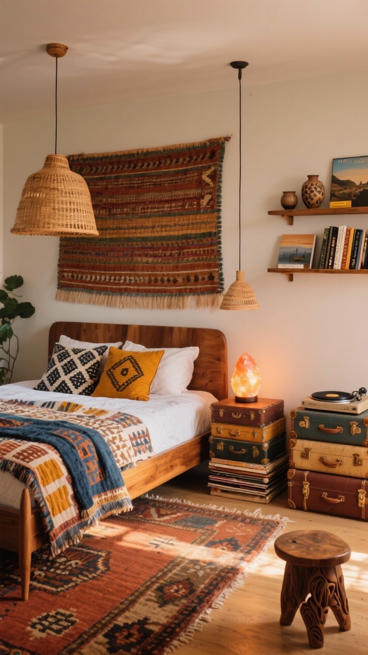 Wide room shot, Boho Studio: collected color palette of terra-cotta, saffron, indigo, and natural wood; mid-century wood bed layered with patterned quilts, block-print pillows, and a kantha throw; woven wall tapestry above headboard; rattan pendant light and a glowing salt lamp on one side; nightstands made from stacked vintage suitcases and a carved wood stool; flatweave kilim rug with warm earthy tones; open ledges displaying travel books and handmade ceramics; a low console with a record player and mellow vinyl stack. Golden-hour natural light, inviting, slight corner perspective.