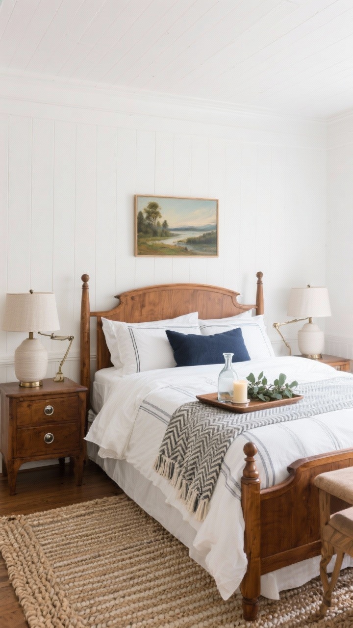 Wide room shot: Classic wood-and-whites bedroom with warm white walls and matching ceiling; a solid walnut sleigh or panel bed with crisp white bedding, topped with a pinstripe or herringbone throw and tidy pillows in navy or slate. Shaker nightstands with polished nickel knobs, linen drum-shade lamps (swing-arm for reading), and a classic braided wool or subtle stripe rug. Above the bed hangs a landscape oil painting; a tray styled with a carafe, candle, and fresh eucalyptus on the nightstand. Photorealistic, bright natural daylight, timeless tailored feel.