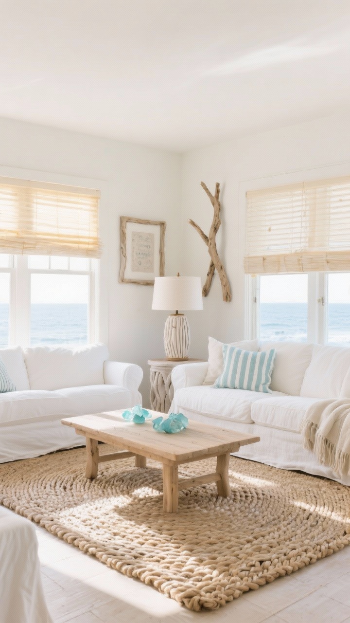 Wide room shot: Coastal boho living room with a crisp white slipcovered sofa, light oak coffee table, and pale blue sea-glass accents. A braided wool rug softens the floor; woven Roman shades filter golden sunlight. Driftwood-style frames and a plaster-effect side table add sculptural texture. A linen drum floor lamp and a soft striped throw bring breezy calm. Colors: cloud white, seafoam, sand, pale oak. Photorealistic, bright and airy, straight-on with large window light.