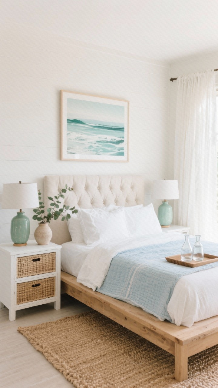 Wide room shot, Coastal Calm guest bedroom: soft whites, oat beiges, pale driftwood tones with sea-glass blues and misty greens; light oak platform bed with tufted linen headboard dressed in crisp hotel-style white sheets and a lightweight chambray quilt; gauzy white curtains glowing with natural daylight; woven jute rug underfoot; white-painted nightstands with rattan drawers holding ceramic lamps in sea-glass green; abstract coastal prints on warm white walls; a wood tray with a glass carafe set and a ceramic vase of eucalyptus on one nightstand. Photorealistic, airy beach-house mood, straight-on angle.