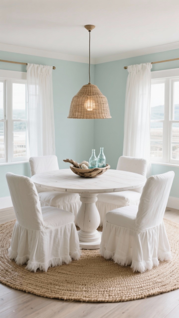 Wide room shot, coastal linen calm dining space: a round white oak pedestal table with a matte, wire-brushed finish, surrounded by four ivory linen slipcovered dining chairs with skirted bases, feather-wrapped cushions, high cushy backs, and deep seats; palette of sand, seafoam, and soft white; woven jute rug underfoot; bleached rattan pendant casting a warm glow; driftwood bowl centerpiece on the table, sea glass bottles, and crisp white drapery at the windows; rounded edges and breezy fabrics; soft, airy natural daylight; photorealistic, no people.