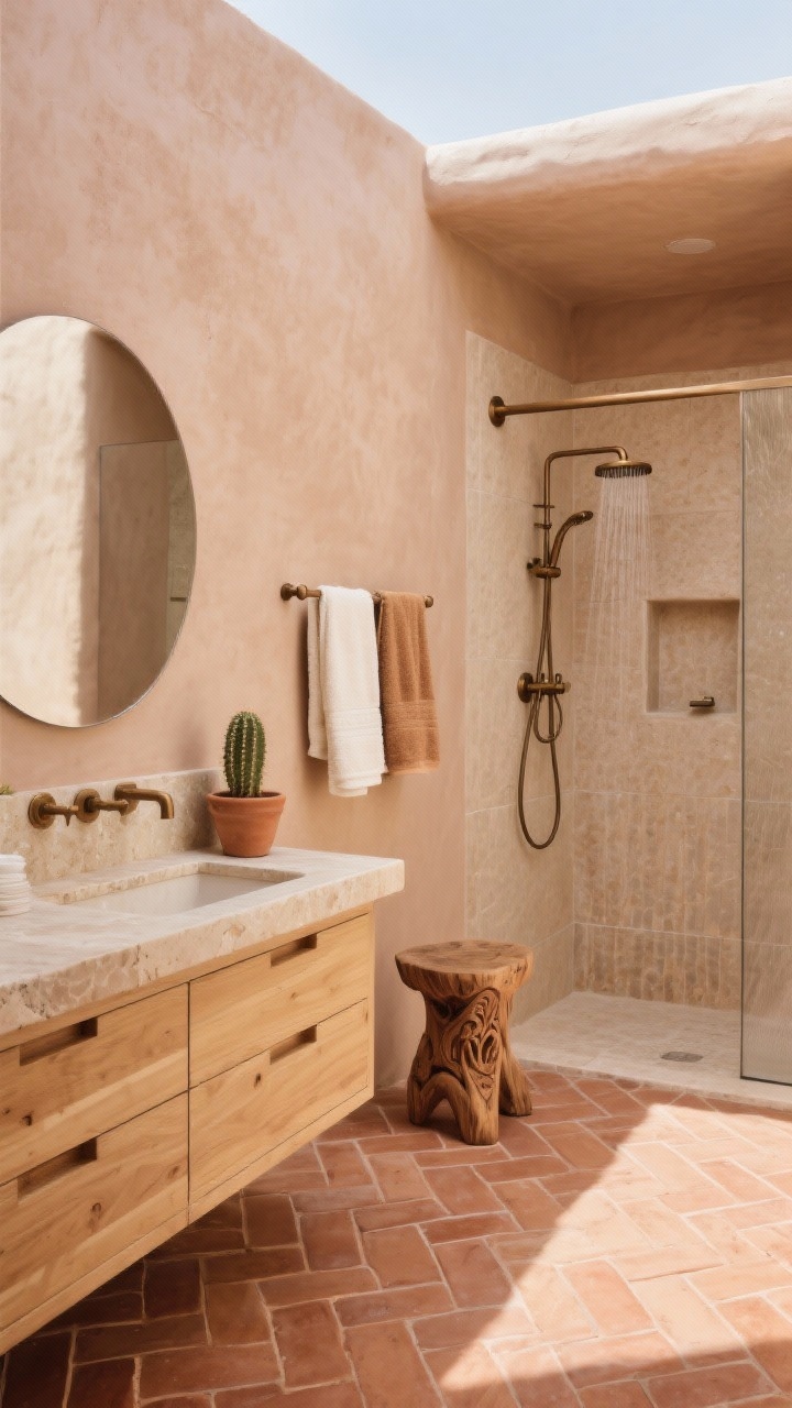 Wide room shot: Desert modern guest bath with clay-toned limewashed walls creating an earthy glow, a light oak vanity with flat-front drawers topped with honed travertine, a rounded-corner mirror softening lines, brushed bronze fixtures, a shower clad in textured sand-colored tile with a built-in niche and a rainfall head, floor in terracotta-look porcelain laid in a large herringbone pattern, nubby cotton towels in ivory and camel on a peg rail, and a carved wood stool holding a small cactus in a clay pot; sunlit, relaxed mood reminiscent of an adobe retreat; corner perspective, photorealistic.