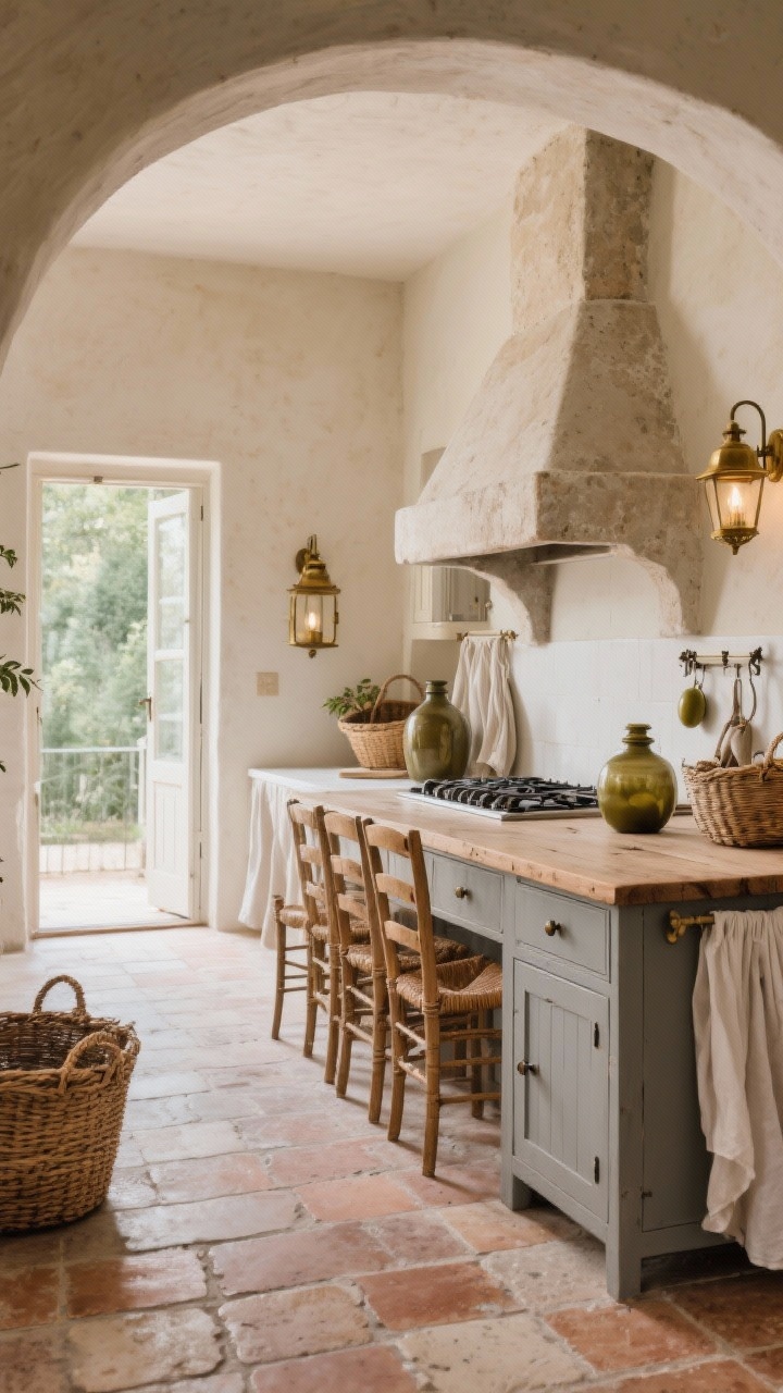 Wide room shot from the doorway: Rustic French farmhouse kitchen with tumbled terracotta or limestone-look tile floors and warm greige cabinets with simple iron hardware. A handmade-feel plaster or stone range hood is the focal point. A massive reclaimed pine table doubles as an island, surrounded by woven rush-seat chairs. Aged brass sconces and a vintage-inspired lantern provide soft, warm illumination. French market baskets and large olive jars rest against creamy plastered walls; linen slipcovers drape lightly. Palette of warm greige, stone, linen white, aged brass, photorealistic.