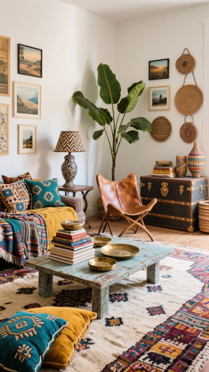 Wide room shot, global nomad eclectic living space: Moroccan-style rug (Beni Ourain or colorful kilim) layered under a low, distressed coffee table; vintage leather butterfly chair; textiles piled—block-printed cushions, suzani throws, patterned floor pillows; antique brass trays stacked on books; sculptural ceramic lamp with a patterned shade; walls feature a gallery of travel prints and handwoven baskets; storage is a trunk/carved chest doubling as a table; tall fiddle-leaf fig or rubber plant; jewel tones sapphire, emerald, saffron balanced with creams; directional natural light, collected and mismatched yet cohesive.