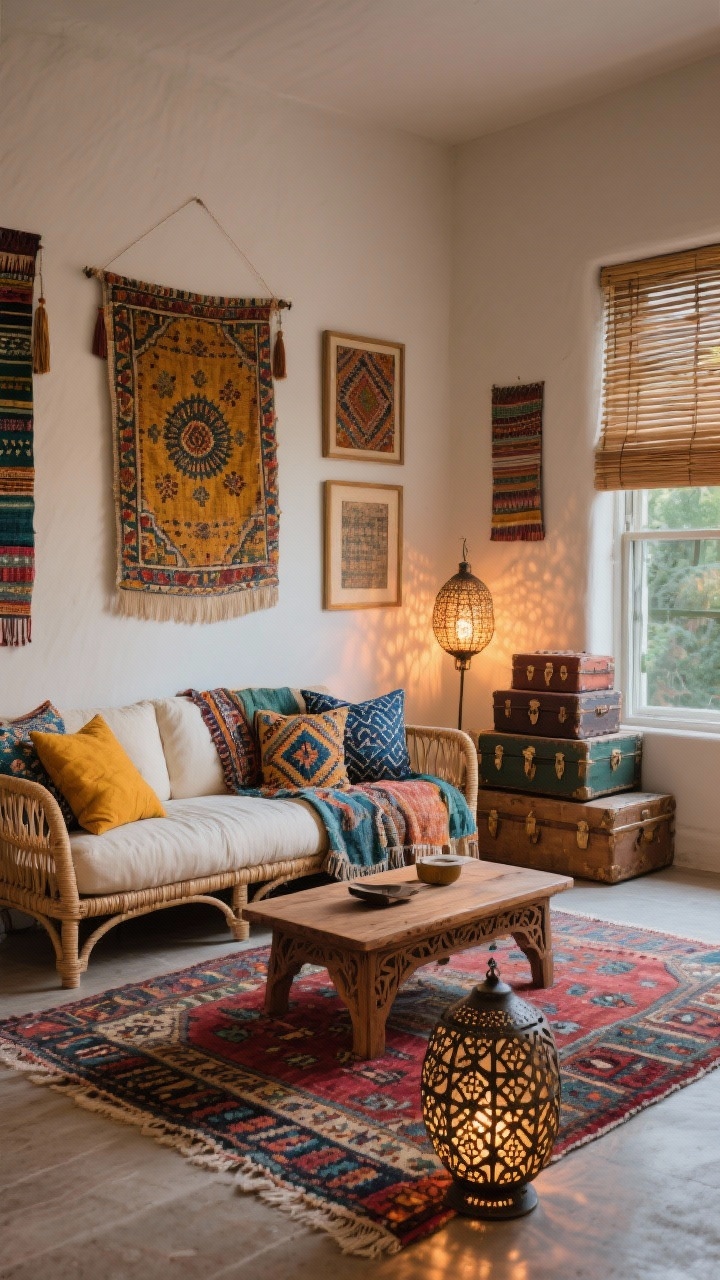 Wide room shot: Global-patterned boho mix in a neutrally painted room layered from the floor up—a Kilim rug anchoring a rattan sofa with cream cushions, carved mango-wood coffee table centered, block-printed pillows and a Kantha quilt draped over the sofa back, Suzani wall hangings and framed textiles on the wall, bamboo blinds warming the windows, stacked vintage trunks as a side table, pierced metal lanterns casting patterned shadows; accent colors of turmeric, indigo, pomegranate, and jade; evening ambiance with lantern glow, photorealistic.