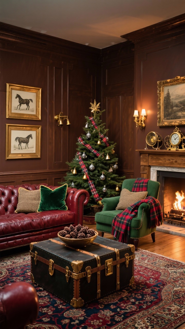 Wide room shot, Highlands Manor Living Room: a paneled sanctuary with deep tobacco-brown walls, oxblood leather tufted Chesterfield centered on a Persian-style rug in garnet and navy, two club chairs in hunter-green and red plaid, a trunk-style coffee table with leather straps, framed antique horse prints under a gleaming brass picture light, full evergreen tree trimmed with tartan ribbon, pewter ornaments, and tiny brass bells, brass sconces, vintage carriage clock on the mantel, bowl of polished pine cones, cashmere throws in forest green, velvet pillows piped in gold, tweed accent cushions; evening firelight and warm brass glow, shot from a corner angle.