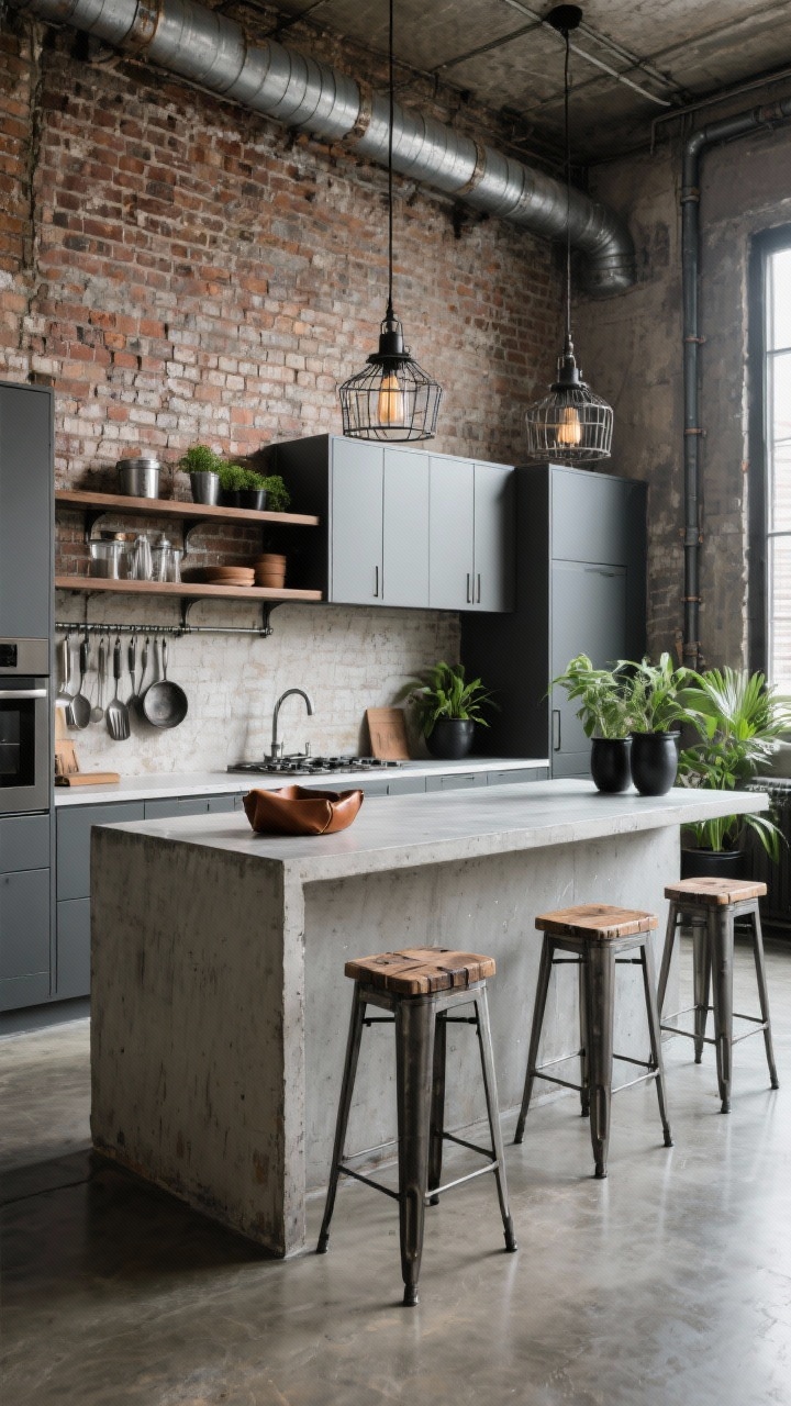Wide room shot: Industrial loft kitchen showcasing exposed brick walls, a concrete waterfall island, and weathered steel open shelves; graphite laminate cabinets for a streamlined base; pipe-style brackets and caged pendants providing gritty industrial lighting; wall-mounted rail holding cast iron and brushed steel utensils; backless metal stools with reclaimed wood seats at the island; sealed concrete flooring with subtle sheen; a few green plants in matte black pots and a warm leather catchall softening the look; photorealistic, corner angle.