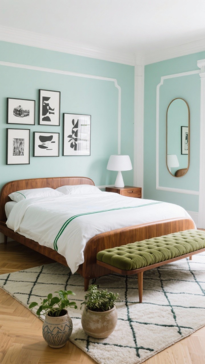 Wide room shot: Mid-century bedroom with pastel mint walls and bright white trim; a walnut bed with rounded corners centered against the wall; white bedding edged with thin green piping; graphic black-and-white art arranged gallery-style; a round white mushroom lamp on a walnut nightstand; a tufted green bench at the foot; geometric rug underfoot, ceramic planters, and a linear mirror; crisp, retro-cool ambiance with gentle daylight.