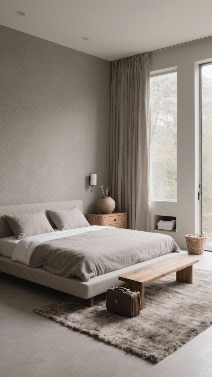 Wide room shot, Minimal Zen Retreat: monochrome palette of warm gray and putty; low upholstered platform bed with stonewashed linen duvet and double Euro pillows for height; nubbly wool rug; long linen drapes that puddle slightly; flush-mount sconces and a simple oak bench at the foot for luggage; a single oversized ceramic vessel on the dresser; cedar/hinoki diffuser discreetly placed; hidden basket near the door for guest towels. Photorealistic, calm spa-like morning light, clean lines, straight-on symmetrical composition.