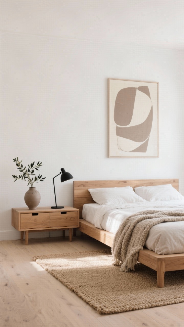 Wide room shot, minimalist bedroom: warm white walls, pale oak floors, low-profile natural wood bed with a streamlined oak bench exactly flush with bed width, bench featuring seamless push-to-open drawers; palette of linen, oak, and matte black accents; flatwoven jute rug slightly larger than the bed; a single oversized abstract art piece in muted taupe and cream on the wall; styling includes a textured bouclé throw draped on the bench, a sculptural matte black reading lamp, and a single ceramic vase with olive branches; soft natural morning light, clean lines, no clutter, photorealistic.
