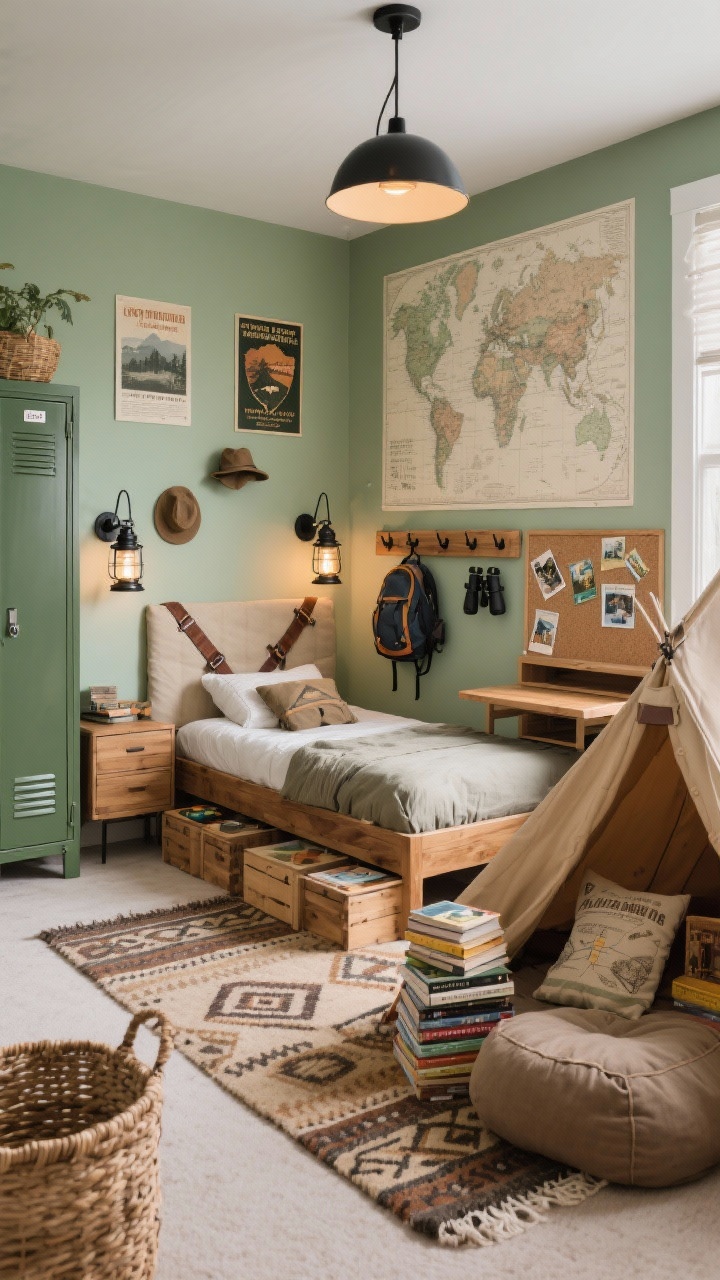 Wide room shot, Modern Adventure Camp theme: a boys’ bedroom with a soft sage green accent wall behind a low-profile bed featuring a canvas headboard with leather strap details; warm oak furniture; an earthy rug with tribal-inspired patterns; a cluster of black metal sconces resembling lanterns casting warm light; a tent-style reading nook with a floor cushion and a stack of adventure books; storage includes wood crates under the bed, a tall locker cabinet painted forest green, and woven baskets; decor includes vintage national park posters, an oversized map mural, and a wooden peg rail holding hats, binoculars, and backpacks; include a fold-down wall desk with a corkboard backsplash holding postcards; natural, cozy lighting; no people; photorealistic.