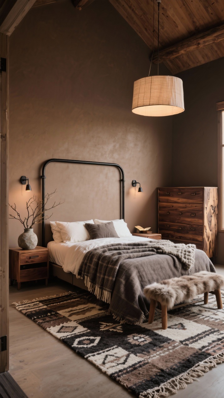 Wide room shot, Modern Cabin Retreat: a cozy bedroom with warm taupe walls and a matte black metal canopy bed centered against the wall; bed layered with chunky wool blankets, a heathered flannel duvet, and cream pillows; an oversized kilim rug underfoot in taupe, charcoal, and cream; a wide walnut dresser on one wall and matching live-edge nightstands flanking the bed; iron sconces mounted beside the bed for reading, and a softly glowing linen drum pendant overhead; a stone vase holding larch branches on one nightstand; a faux-fur bench at the foot of the bed; palette of taupe, walnut, charcoal, and cream; textures of flannel, wool, leather, and raw wood; warm, ambient evening lighting; photorealistic, angled from the doorway to capture the full space.
