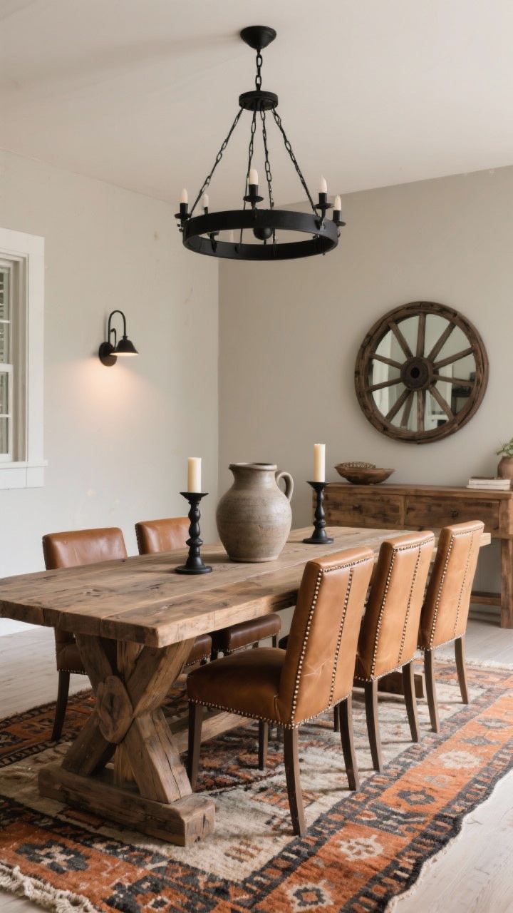 Wide room shot, modern rustic farmhouse: chunky reclaimed wood dining table paired with camel leather full-back Parsons chairs featuring double-stitched seams and generous padding; faded kilim rug with terracotta and charcoal tones grounding the space; black iron wagon-wheel chandelier overhead; soft greige wall with a wood console and oversized round mirror; tabletop styled with matte black candleholders and an oversized stoneware pitcher as an earthy centerpiece; cozy, textural atmosphere; warm ambient lighting; photorealistic, no people.