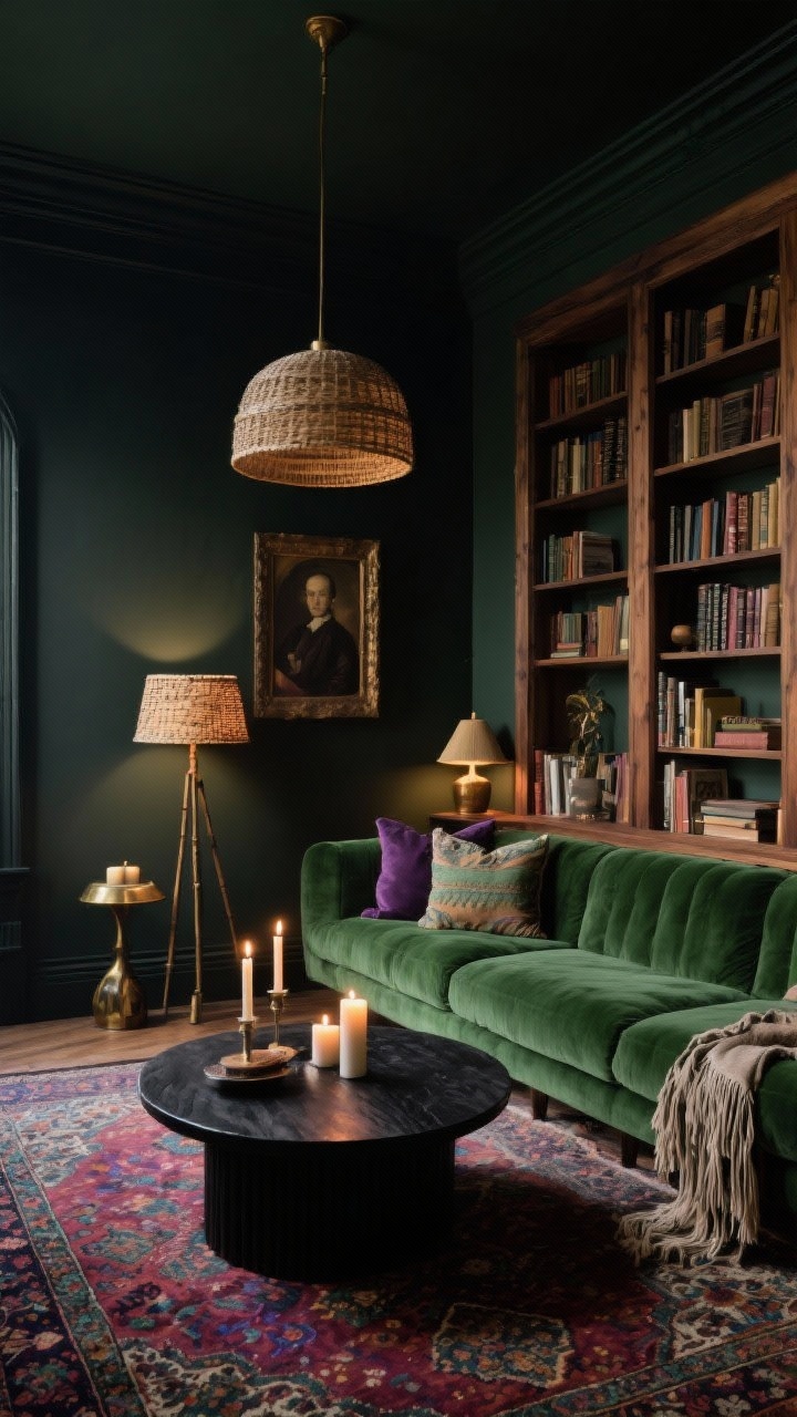 Wide room shot: Moody boho library lounge with matte olive-black walls and a built-in wood bookcase along one side. A moss green velvet sectional centers the space with a round blackened wood coffee table. A Persian rug in jewel tones adds richness. Layered lighting from library lamps, candlelight, and a rattan-shade floor lamp creates dramatic ambiance. Accents include taper candles, fringe pillows, and vintage portrait art. Colors: moss, plum, charcoal, brass, walnut. Photorealistic, low-light, corner angle.