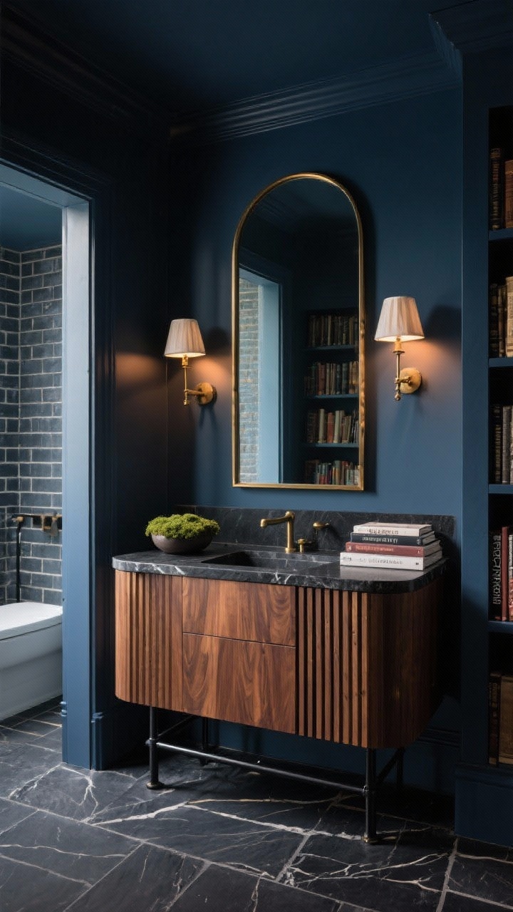 Wide room shot: Moody library bath with deep ink blue walls, a walnut vanity featuring vertical slat detailing on a blackened metal base, tall arched mirror framed in antique brass, paired library-style sconces with adjustable arms and paper shades flanking the mirror, dark slate floor in running bond, honed black soapstone counter with soft veining, and styling accents including a small moss bowl and a stack of design books on the counter; intimate, cocoon-like lighting with warm pools of light; angled from the doorway, photorealistic.