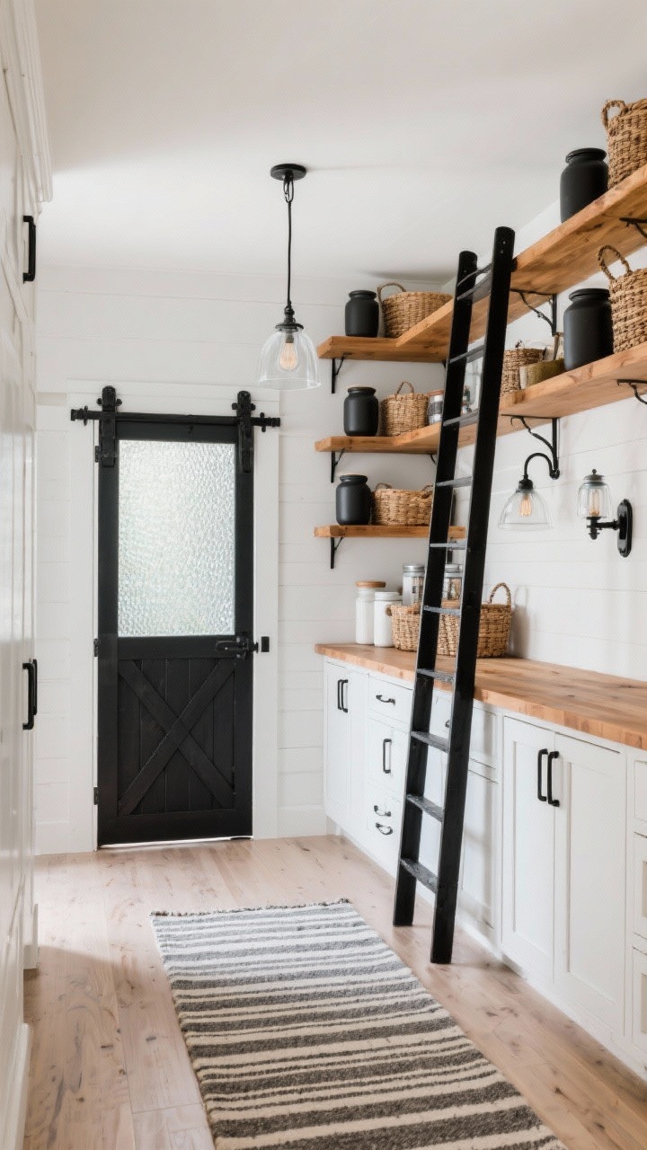 Wide room shot of a modern farmhouse pantry with soft white shaker cabinets, matte black hardware, and warm honey oak wraparound open shelves displaying matte ceramic canisters and woven baskets; base cabinets conceal bulk items; butcher-block counter; black metal sconces and a clear-glass pendant provide warm illumination; a barn-style pocket door with seeded glass partially open; a subtle striped runner rug on the floor; a slim black-painted ladder leaning for top-shelf access; clean white, black, and honey wood palette, photorealistic, straight-on view.