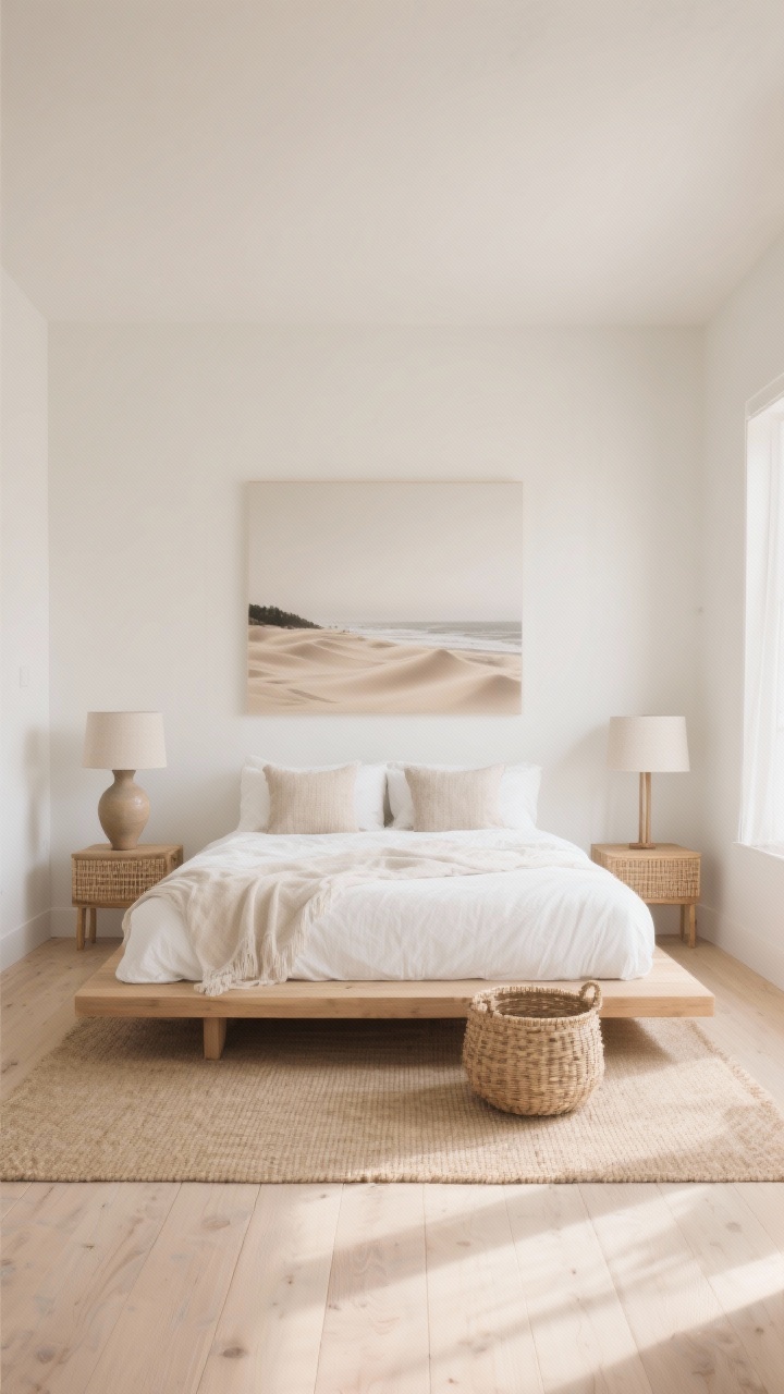Wide room shot of a serene sand dune minimalism bedroom: warm white walls, pale oatmeal undertone; light whitewashed oak floors with a neutral sisal rug; a low-profile natural oak platform bed dressed in crisp white lightweight linen duvet and gauzy throw; two slim raffia nightstands with linen-shaded lamps casting a quiet glow; minimal pillows with subtle texture; one oversized misty shoreline photograph above the bed; a sculptural ceramic vase and a woven basket bench at the foot of the bed; clean, uncluttered surfaces; soft natural morning light, calm and airy mood, photorealistic.