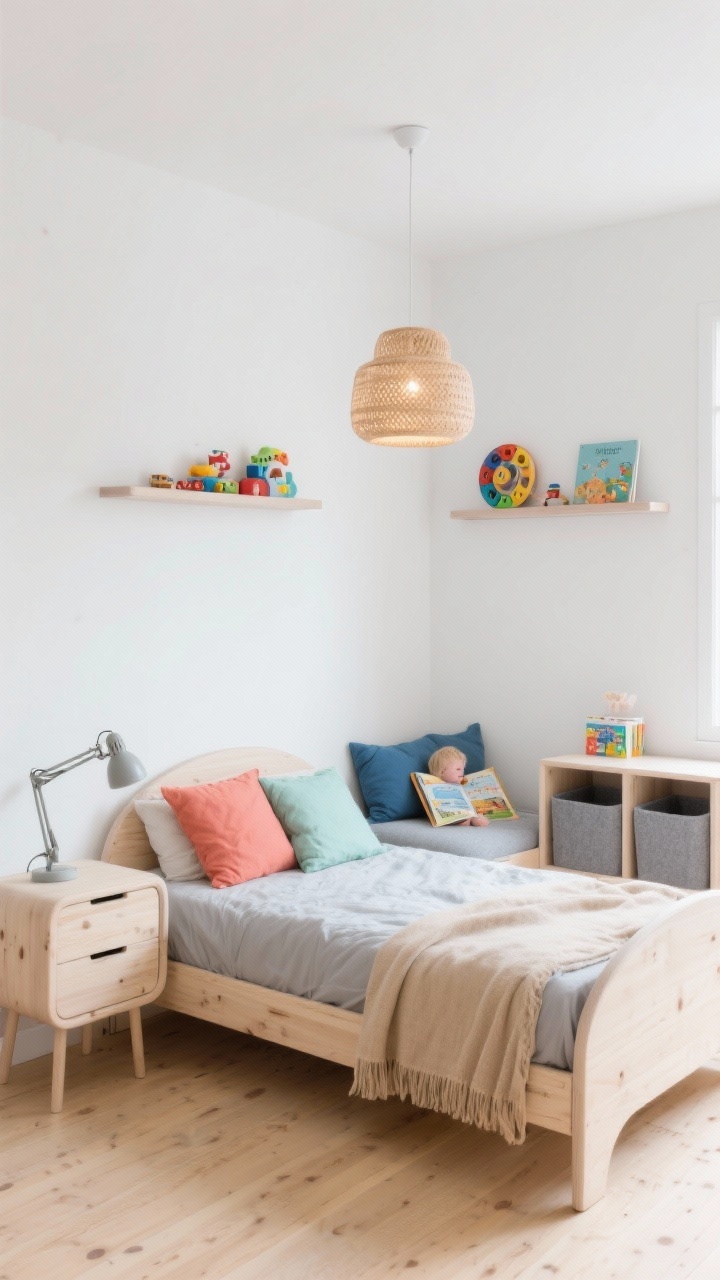 Wide room shot, photorealistic: A Scandi kids bedroom with soft white walls and blonde wood floors, layered with pale gray and warm beige textiles. A low-profile birch bed with rounded edges and a matching birch dresser. Two slim floating shelves above a cozy reading nook holding rotating toys and books. A simple open cubby unit with felt bins for clutter control. Add small, easily swappable color-pop accents in coral, mint, and cobalt via pillows and a throw. Lighting shows a woven pendant casting warm ambient glow plus an adjustable clamp lamp aimed at the reading nook. Neutral base, curved wood furniture, mix-and-match color accents; clean, airy, modern serenity. No people.