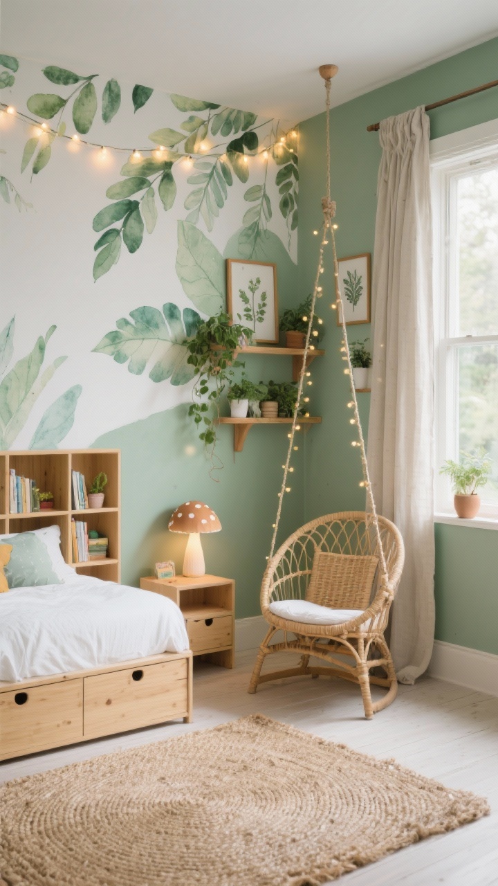 Wide room shot, photorealistic: Nature-inspired kids bedroom with sage green walls and a natural jute/sisal rug. One wall showcases a watercolor leaf mural/removable wallpaper for soft organic movement. A white or honey-toned storage bed with built-in drawers and a bookcase headboard. A rattan hanging chair near a window, with a plant shelf holding easy-care greenery or realistic faux plants. Linen curtains filter daylight; thin oak frames hold botanical prints. Soft-glow string lights drape over the chair and a mushroom-style bedside lamp provides a warm pool of light. Calm, leafy sanctuary. No people.