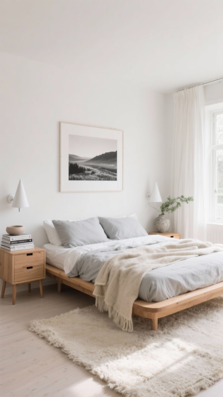 Wide room shot, Serene Scandinavian with warm wood: a light, airy bedroom with warm white walls and a low-profile oak platform bed with rounded edges, pale gray linen bedding, butter-soft wool throw, and ivory curtains filtering soft morning light; slim oak nightstands with a single drawer and no hardware; cone-shaped matte white sconces; one large black-and-white landscape print over the headboard; a nubby off-white wool rug peeking from under the bed; details include a stack of favorite design books, a smooth ceramic catchall, and a sprig of greenery in a stone vase; photorealistic, calm, sunlit ambiance, straight-on view.