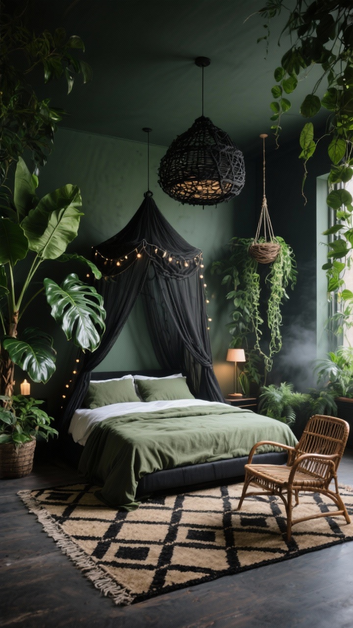Wide room shot: Shadowy Jungle Nest painted in soft black-green that shifts with light. A low, wide bed dressed in olive linen with black piping under a gauzy black canopy that puddles to the floor like mist. Lush plants dominate: oversized monstera, rubber tree, and trailing pothos from a black macrame hanger. Dark-stained rattan armchair and nest-like pendant overhead. Flatwoven rug with geometric patterns in black and khaki. Layered lighting: string lights woven into the canopy and a dimmable floor lamp creating a humid, shadowy ambiance. Photorealistic.