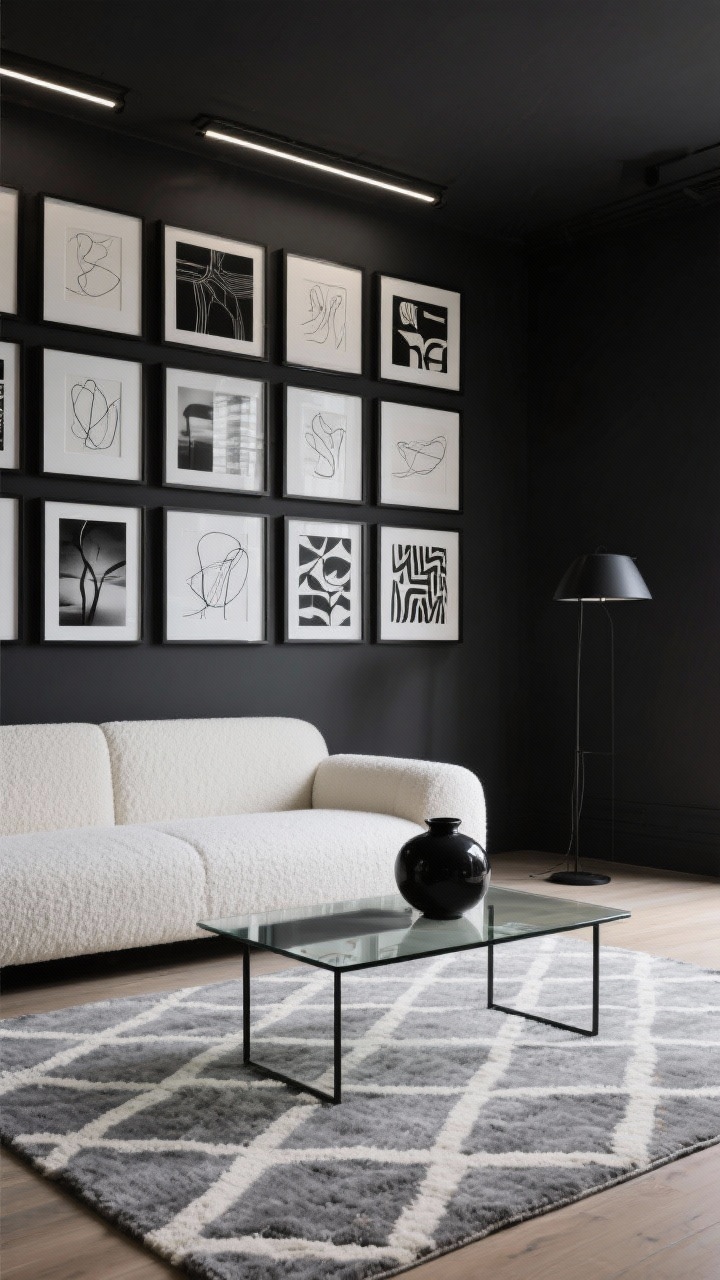 Wide room shot, straight-on: A moody, photorealistic living room with a charcoal to near-black accent wall covered in a tight grid of black frames with white mats displaying abstract line drawings, black-and-white photography, and bold graphic prints. Low-profile ivory bouclé sofa, smoked glass coffee table with thin black metal base, flatweave rug in gray-on-ivory geometric pattern. Slim picture lights mounted above the top row of frames cast soft, focused illumination; a matte black floor lamp stands to the side. A single sculptural black vase sits on the coffee table. High-contrast, modern art house chic, polished and moody, no people.