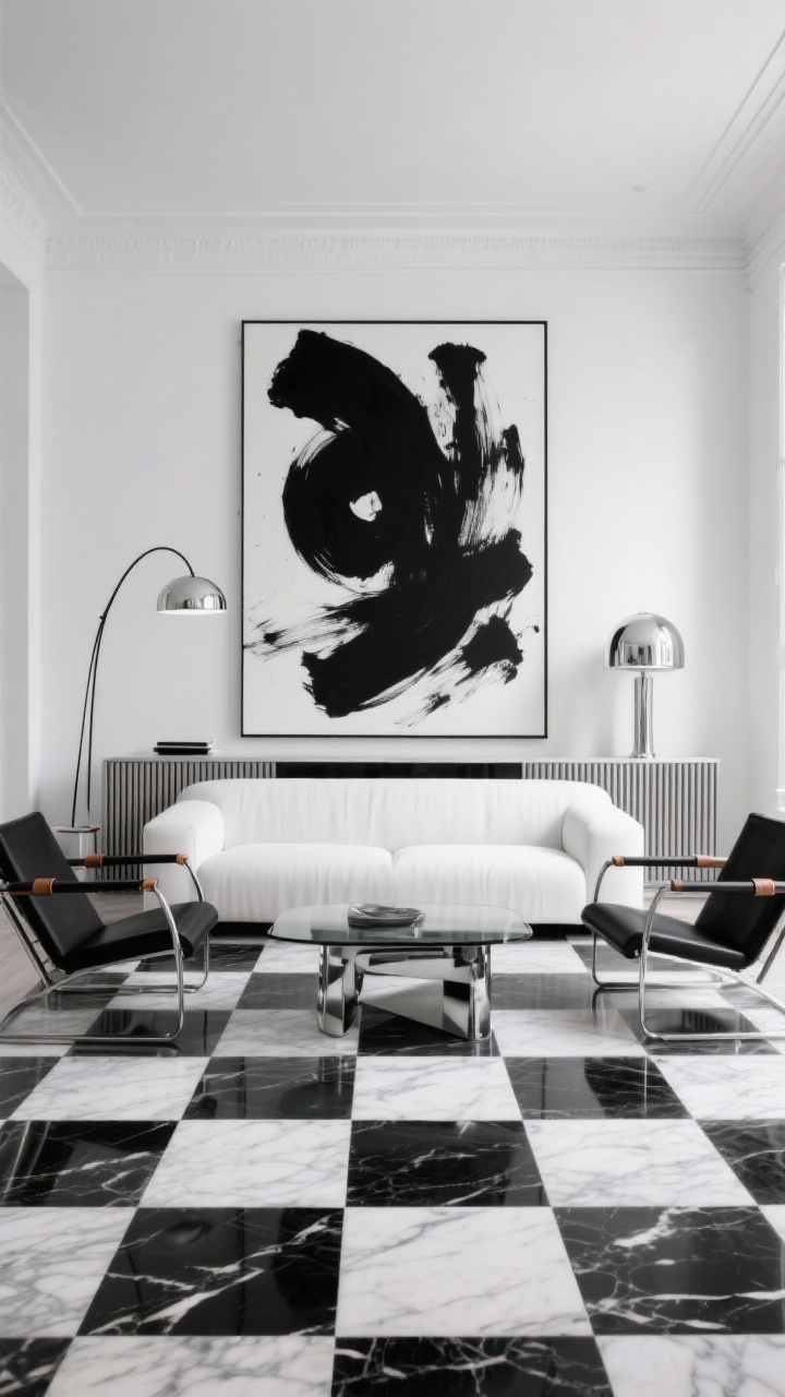 Wide room shot, straight-on gallery feel: High-contrast monochrome living room with chalk white walls, ink-black accents, and chrome highlights. A streamlined white sofa faces a smoked-glass coffee table; black steel lounge chairs with leather straps flank it. Oversized abstract art with bold black brushstrokes, an arc floor lamp with chrome dome, and a ribbed console complete the scene. Checkerboard marble rug anchors the composition; crisp, even lighting with chrome catching a subtle gleam.