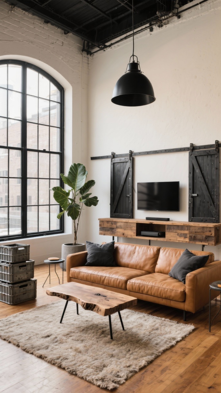 Wide room shot, straight-on view: A black-framed loft living room with matte black steel grid windows flooding the space with natural light onto creamy warm-white plaster walls and warm oak floors. A low-slung camel leather sofa anchors the scene, paired with a live-edge coffee table on black hairpin legs atop a nubby neutral rug. Behind, a reclaimed wood media console with sliding barn-style metal doors; oversized factory pendant in blackened steel overhead. Add charcoal linen throw pillows, a tall fiddle leaf fig in a concrete planter, and a stack of vintage metal crates as side tables. Crisp, minimal, and cozy; photorealistic.