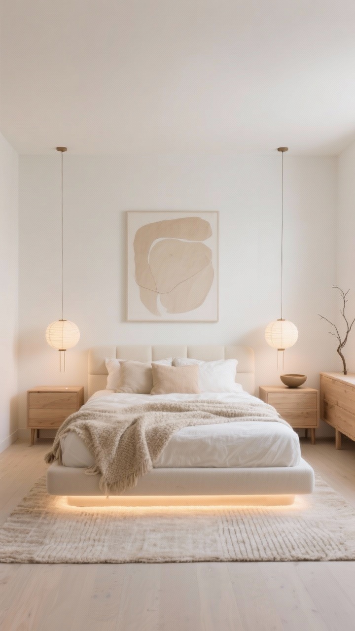 Wide room shot, straight-on view: A cloud-soft minimalist oasis bedroom with warm white walls, a low-profile platform bed featuring a soft upholstered headboard, layered cream, sand, and oatmeal linens; floating pale oak nightstands with slim paper lantern pendants on each side; a single oversized abstract art piece in soft neutrals above the bed; nubby bouclé throw, linen duvet, and a wool area rug with subtle ribbing; warm-dim bulbs and a hidden LED strip under the bed frame creating a halo glow; a narrow dresser holding a ceramic bowl and one sculptural branch; calm, uncluttered styling, photorealistic, no people.
