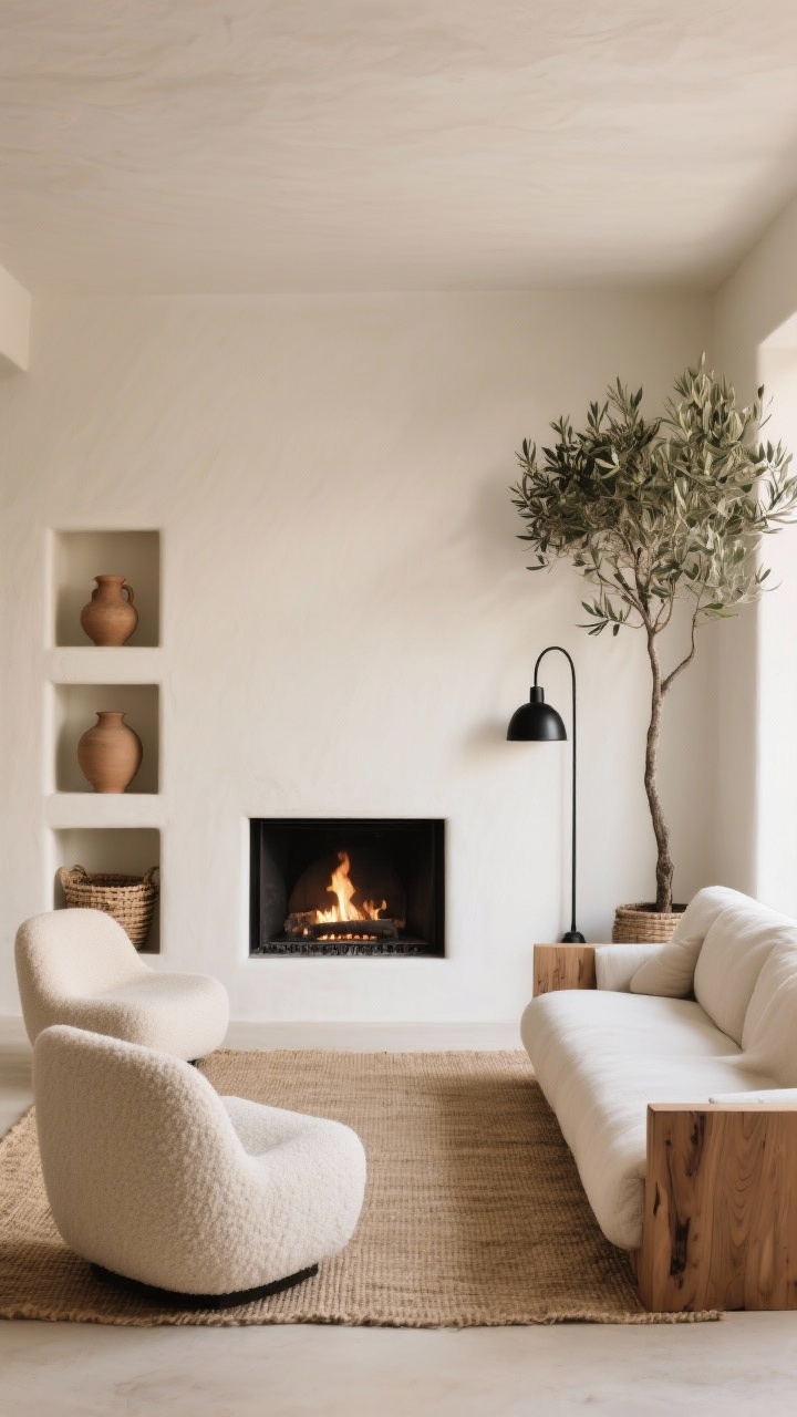 Wide room shot, straight-on view: A modern organic living room centered on a smooth warm-white plaster fireplace surround with a chunky white oak mantle; shallow built-in niches on both sides holding clay vases and woven baskets; a pair of low, curved bouclé chairs facing a linen sofa around a flat-weave jute rug; oversized matte black metal sconce on one side of the fireplace and a tall olive tree on the other; palette of bone, sand, oat with soft black accents; materials include plaster, oak, linen, jute, and matte black metal; soft evening firelight with gentle natural daylight, serene and unfussy, symmetrical furniture with slightly asymmetrical decor.