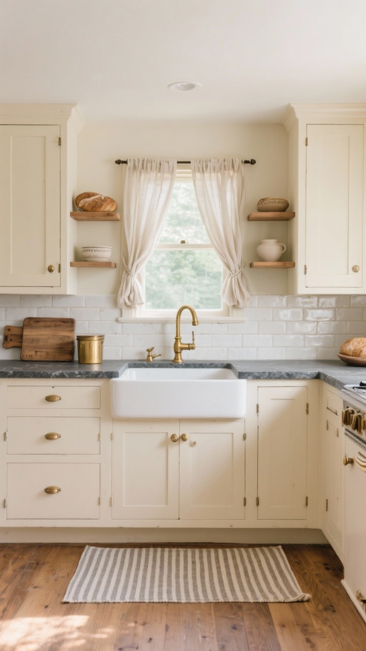 Wide room shot, straight-on view: A timeless cottage kitchen with buttery cream Shaker cabinets, matte charcoal-gray soapstone countertops, and an apron-front farmhouse sink. Unlacquered brass bin pulls and a classic brass bridge faucet glow softly. Handmade off-white tiled backsplash with subtle variation runs behind the sink, flanked by floating open oak shelves styled with vintage breadboards and neutral ceramics. Linen café curtains at a small window, a modest striped runner on warm wood floors. Natural morning light, calm and elegant palette of cream, charcoal, warm brass, and natural oak, photorealistic.