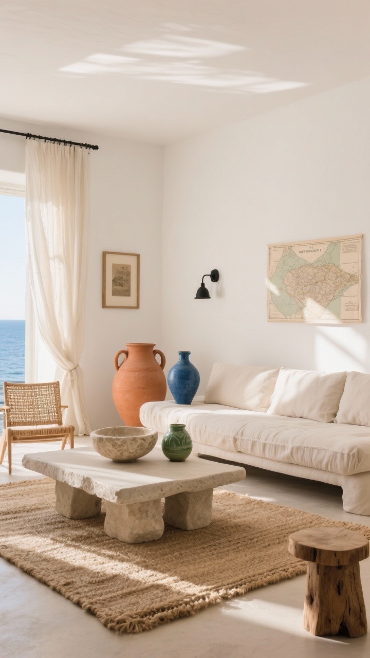 Wide room shot, Sun-Washed Mediterranean Minimal living room: chalky white limewashed walls glowing with warm natural sunlight, soft terracotta accents, low linen slipcovered sofa, chunky matte plaster coffee table on a layered jute rug, slim black iron sconces for contrast, sandy palette of oat, cream, and pale clay; decor includes oversized amphorae, a single cobalt vase beside olive green ceramics, framed vintage maps, gauzy curtains moving slightly; materials visible: carved stone bowl, woven rush chair, raw wood stool; textures do the talking, quiet luxury seaside vibe, photorealistic, no people.