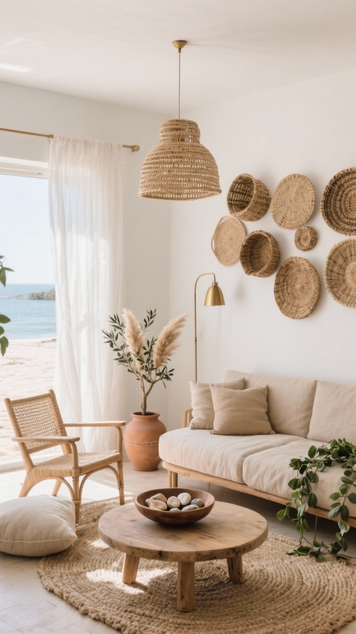 Wide room shot, sun-washed neutral haven: a small living room with white walls and sheer gauze curtains filtering beachy morning light; low-profile linen sofa in warm oatmeal, chunky jute rug, smooth round raw-wood coffee table; rattan accent chair, oversized flax floor cushions; wall arrangement of woven baskets in varying sizes; woven pendant overhead and slim brass floor lamp; color palette ivory, beige, driftwood, clay; styling includes matte ceramic vases stacked and a shallow wooden bowl filled with shells and smooth stones; dried pampas, an olive tree in a clay pot, and trailing pothos add natural greenery; photorealistic, airy, calm, layered textures.