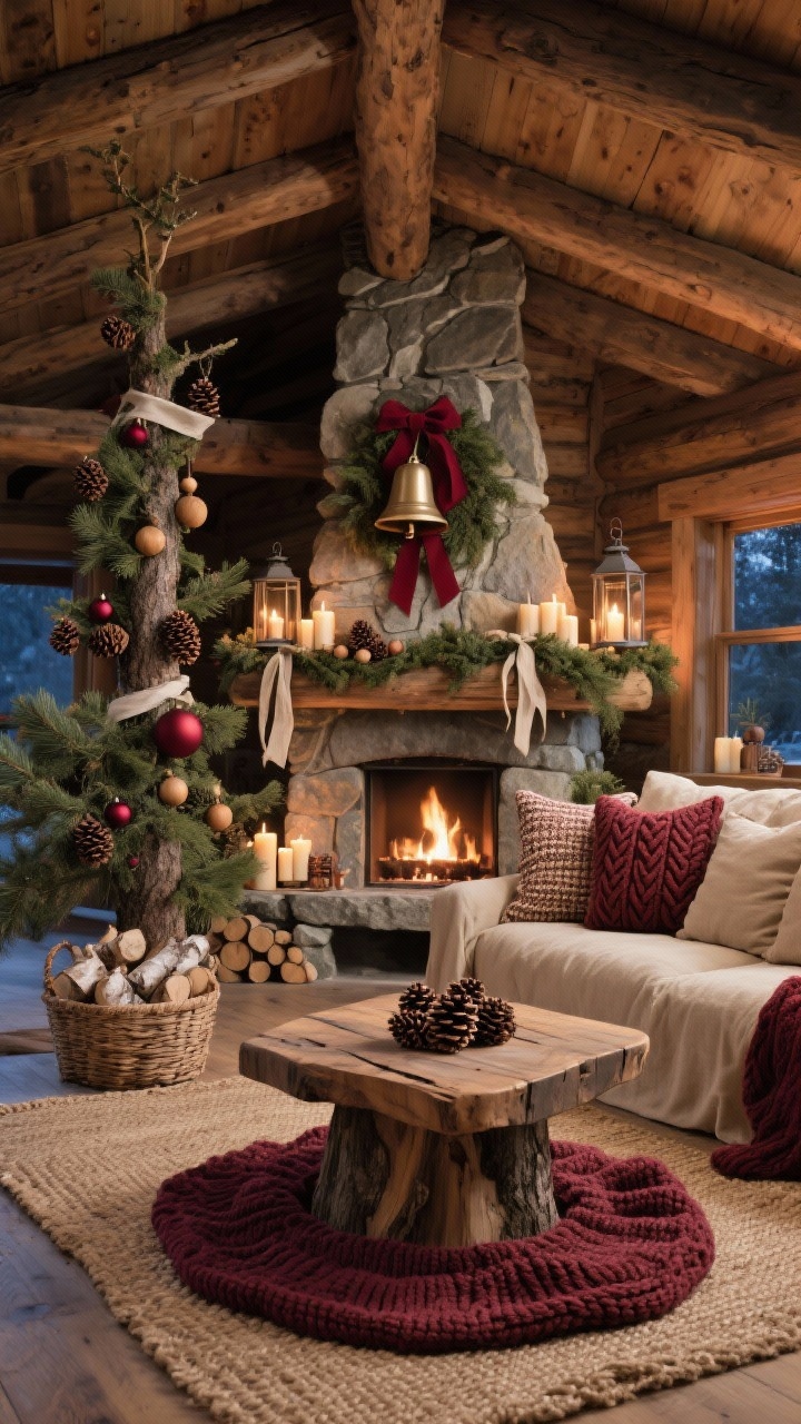 Wide rustic chalet living space: Exposed wood beams, a stone fireplace, and a chunky sisal rug. A slipcovered sofa in natural canvas with layered burgundy knits—a cable-knit throw, sweater pillows, and a knit tree skirt at the base of a woodland-style tree. The tree features pinecones, matte burgundy ornaments, wood beads, and linen ribbons. A raw-edge wood coffee table. Mantle styled with an asymmetrical cedar garland and oversized bells hanging from a burgundy ribbon. Lanterns with pillar candles and a basket of birch logs for warmth. Cozy evening glow from firelight and candles, photorealistic, no people.