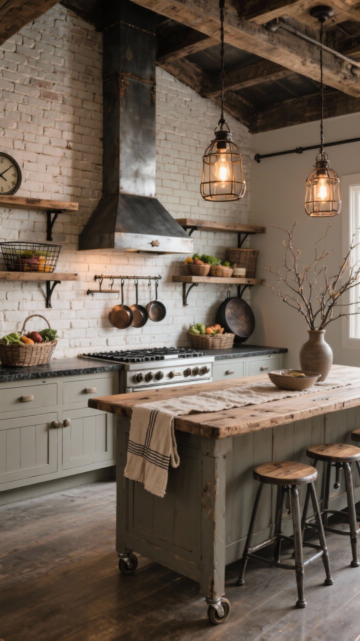 Wide, rustic industrial farmhouse scene with grit and warmth: thin-brick backsplash in a soft whitewash, iron shelf brackets supporting open shelves, a steel range hood, and a reclaimed oak worktable island on casters. Cabinetry in matte greige/putty slab fronts with chunky pulls, countertops in honed black granite or leathered quartz. Forged-iron cage pendants with warm Edison bulbs overhead, backless metal stools with wood seats. Extras: rail-and-hook system with hanging pans, wire baskets of produce, a vintage factory clock. Softened with a nubby runner, linen potholders, and a vase of wild branches. Evening warmth, photorealistic.