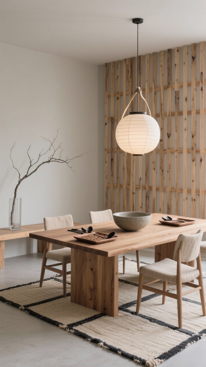 Wide, serene Japandi dining room with a slatted wood feature wall: evenly spaced natural-stained pine or oak strips over a soft greige painted backdrop; solid ash dining table centered with a stoneware bowl; paper lantern pendant casting diffused light above; wishbone-style chairs upholstered in oatmeal linen; decor minimal—a single branch in a clear cylinder vase, a low bench against the wall; tatami-inspired rug, matte black flatware on simple linen runners with raw edges; carved wooden trays on the table; palette of natural wood, soft greige, charcoal, bone; calm, tactile, photorealistic.