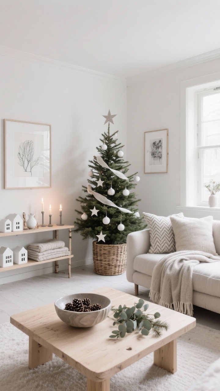 Wide serene living room, Nordic Quiet Luxury: slim Christmas tree in a woven basket stand, decorated sparsely with paper stars, white ceramic ornaments, birch accents, and linen ribbon; warm minimal lights; pale oak coffee table holding a sculptural bowl with pinecones and eucalyptus; shelving styled with white ceramic houses, matte candlesticks, and neatly folded wool throws; sofa in light fabric with tonal pillows—herringbone, bouclé, and linen; art as quiet black-and-white prints or line drawings in thin frames; palette of oatmeal, sand, soft gray, pale wood, snowy white; soft natural daylight, clean Scandinavian lines, corner angle.