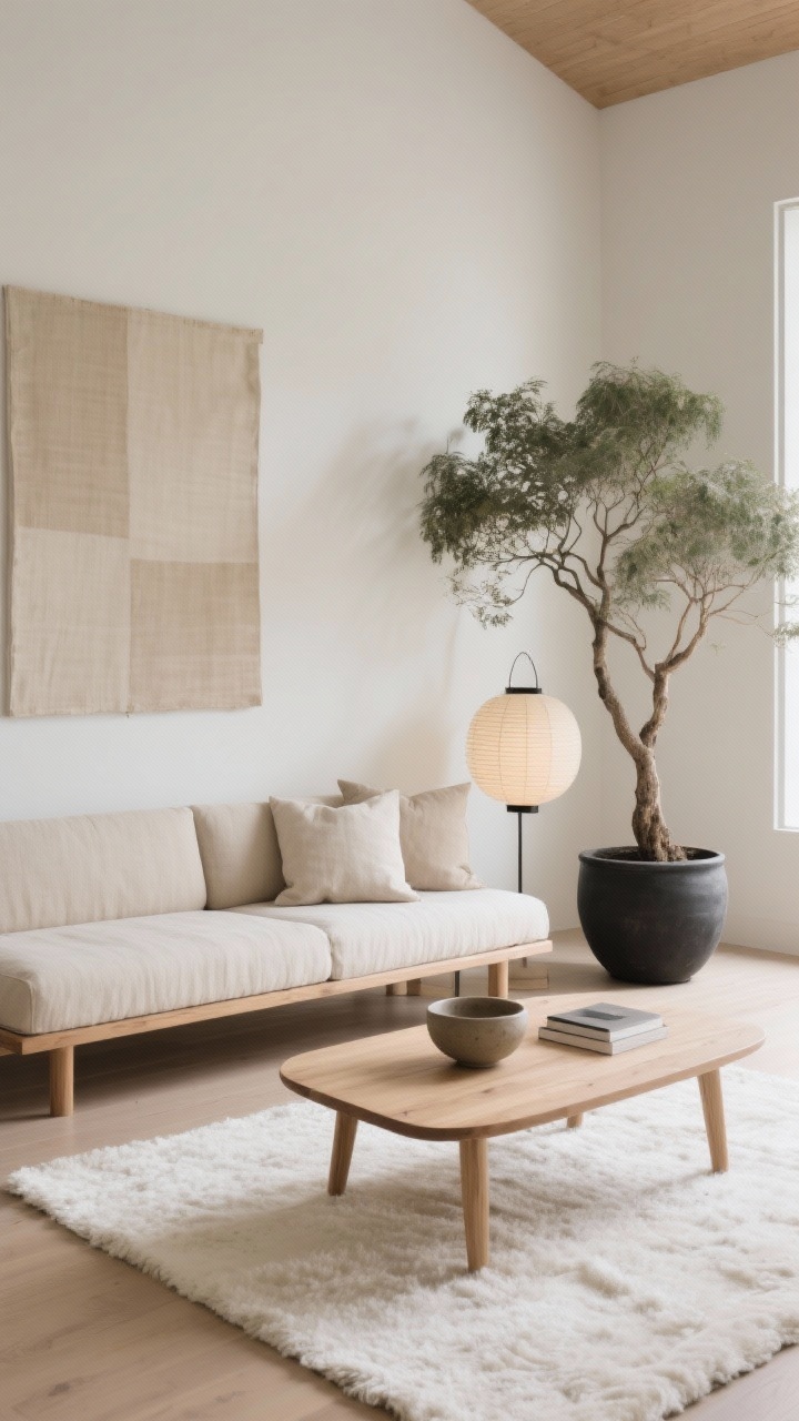 Wide, serene straight-on view, Nature-Forward Japandi Haven: A low bench-cushion sectional in oatmeal linen with simple wood plinth legs, paired with a thick off-white wool rug. A light ash wood coffee table with soft, rounded corners and minimal styling: stoneware bowls and a single book. Palette of oat, ecru, soft black, and natural wood. A sculptural ficus in a matte planter to one side, a paper lantern floor lamp, and linen pillows. Walls left open with a single large-scale linen canvas in muted tones. Soft daylight, uncluttered, spa-like, photorealistic.