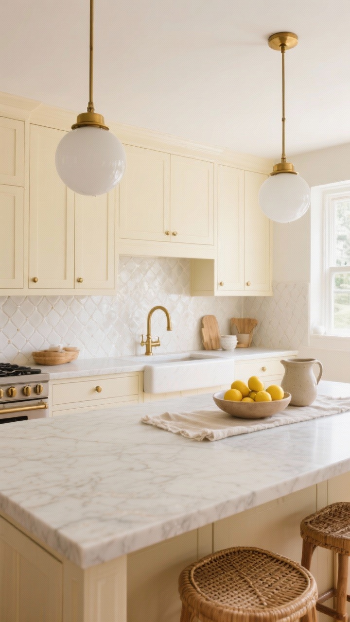 Wide shot: A bright, welcoming kitchen with buttery cream cabinets (not white or beige) and pale creamy quartz counters with faint veining, zellige-style off-white backsplash tiles with a soft uneven sheen, brushed brass hardware and a matching brass bridge faucet. Two opal globe pendants with brass caps hang over the island. Oak or cane counter stools add gentle texture. Styled with a bowl of lemons, a linen runner, and a ceramic pitcher. Soft morning light for quiet luxury, photorealistic, straight-on view.