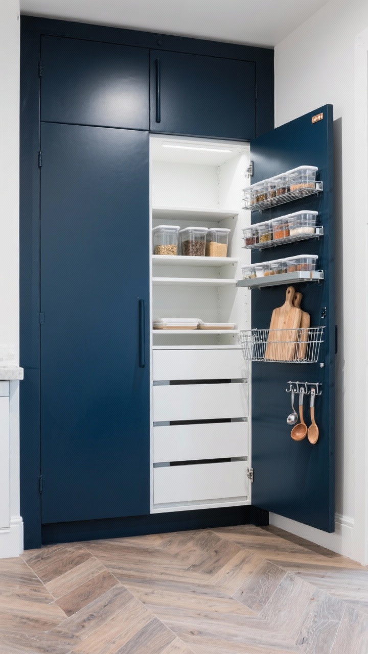 Wide shot — A compact urban pantry wall with floor-to-ceiling cabinetry and slim sliding doors in muted navy, photographed straight-on in bright, even indoor lighting. Doors partially open to reveal glossy white shelf interiors, pull-out wire baskets, skinny spice drawers, and vertical dividers for trays and cutting boards. Tall, stackable clear bins maximize vertical space; a magnetic strip on the interior door holds measuring spoons and scoops. Herringbone vinyl plank flooring completes the city-chic look. Clean, efficient, streamlined.