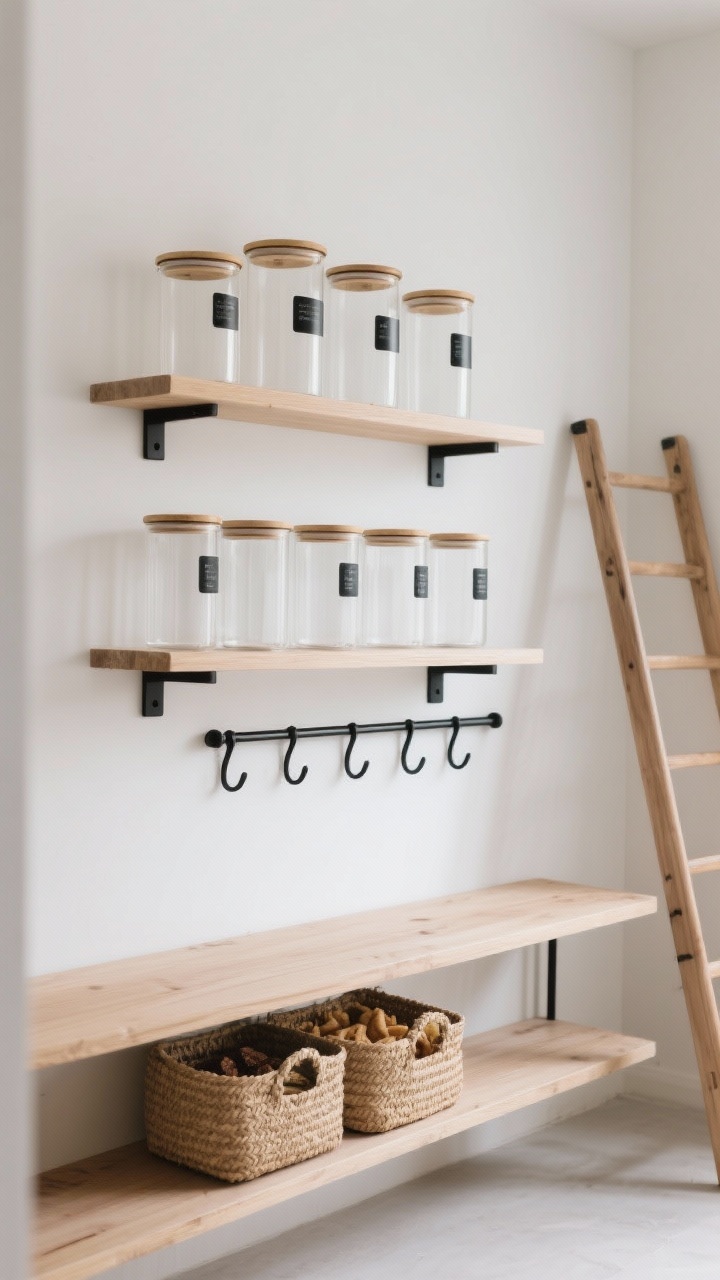 Wide shot — A minimalist Japandi pantry with matte white walls, pale oak floating shelves, and slim black hardware, photographed straight-on in soft natural daylight. Uniform glass canisters with bamboo lids line the shelves in tall and short sizes with subtle black label strips; low-profile seagrass baskets sit on the bottom shelf for snacks. Include a slim wall-mounted peg rail with a few black hooks, and a narrow pull-out ladder leaning nearby. Palette is soft neutrals and warm woods; the mood is calm, airy, intentional.
