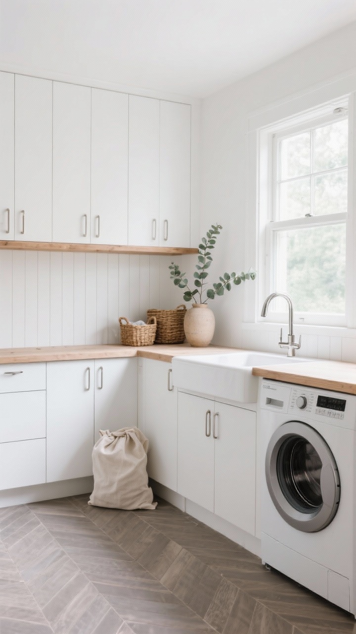 Wide shot: A minimalist Scandinavian laundry room flooded with natural light, matte white cabinetry with slim brushed nickel pulls, pale oak countertops, warm gray herringbone tile floor, vertical white beadboard backsplash, white panel-ready front-loading appliances flush with cabinets, a minimalist brushed-nickel gooseneck faucet over a simple sink, a floating oak shelf with woven baskets, a small eucalyptus branch in a ceramic vase, and a linen laundry bag; clean lines, soft textures, no visual clutter, serene and airy mood, photorealistic.