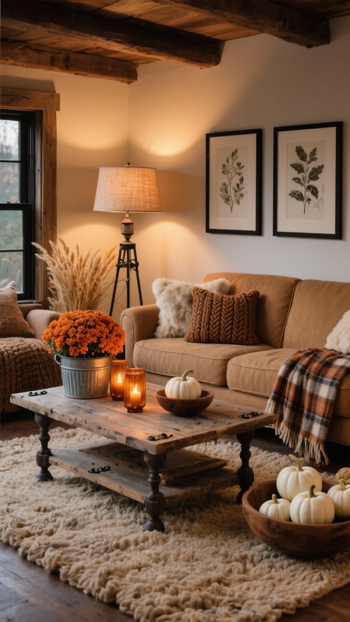 Wide shot: A rustic harvest living room with a soft camel sofa on an oatmeal chunky wool rug, a distressed wood coffee table with iron hardware centered, earthy palette of burnt orange, wheat, and chestnut brown. Layer cable-knit throws and faux shearling pillows on the sofa, a plaid wool throw draped over the arm. Black-framed botanical prints on the walls add contrast. Iron floor lamp with linen shade glows warmly; amber glass candleholders on the coffee table. Oversized mums in a galvanized tub and a wooden bowl filled with small white pumpkins nearby. Evening, warm ambient lighting, cozy cabin vibe, no people, photorealistic.
