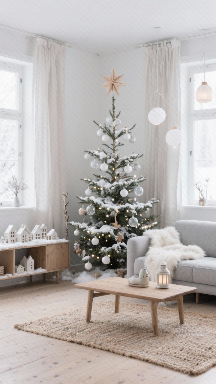 Wide shot: A Scandinavian Snowfall living room with pale wood floors and linen drapes, featuring a slim natural-looking fir in a matte white tree collar. Decorate the tree with matte white baubles, frosted glass spheres, tiny birch ornaments, a dusting of faux snow, and warm white micro-lights. Color palette: white, soft gray, natural wood. Include a low-profile light gray sofa with sheepskin throws, an oak coffee table styled with a ceramic village on a console behind it, a woven jute rug, and paper star lanterns hung near the window. Topper is a minimal wood or folded paper star. Soft morning light, serene and airy, photorealistic, no people, straight-on perspective.