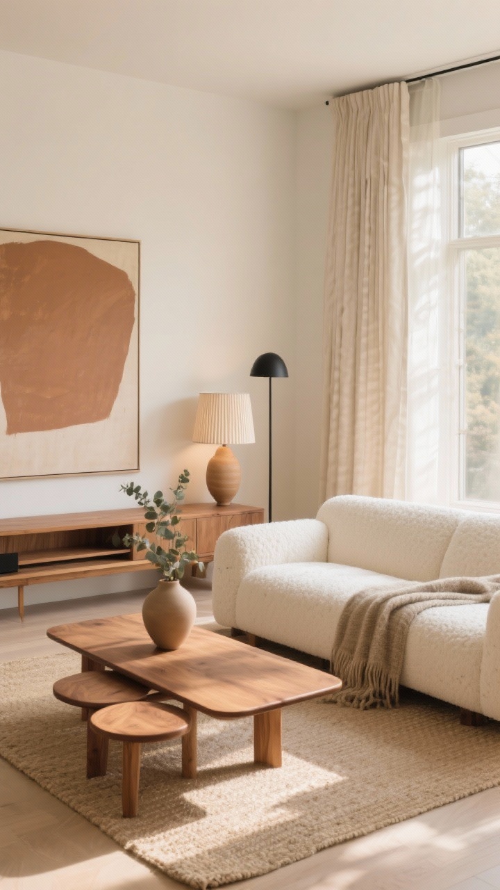 Wide shot: A warm minimalist living room flooded with soft natural daylight, featuring a low-profile ivory boucle sofa, a warm oak coffee table on a flatwoven beige rug, slim-profile wood media console, and nesting side tables. Linen curtains lightly puddle at the floor, a ribbed ceramic table lamp glows softly, and a wool throw is casually draped on the sofa. A single oversized abstract canvas in warm taupes and soft clay tones anchors the wall. Include a curved vase with eucalyptus on the coffee table and a matte black floor lamp for subtle contrast. Palette: cream, oat, warm oak, soft clay. Airy, sunlit, and clutter-free.