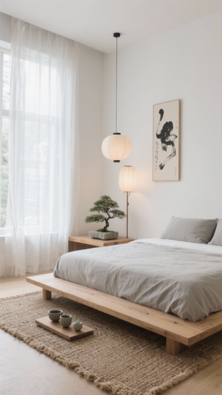Wide shot: A Zen minimalist sanctuary bedroom with a low-profile ash wood platform bed centered on a tatami-inspired woven jute rug, sheer white curtains billowing in natural breeze against bone, sand, and pale gray palette; a single abstract ink-brush print anchors a white wall, a small bonsai on a stone tray atop a low ash side ledge, linen bedding in pale gray, matte ceramic tea set on the floor; layered soft, diffused lighting from a paper lantern pendant, a rice paper shade floor lamp, and ambient daylight; uncluttered, airy, photorealistic.